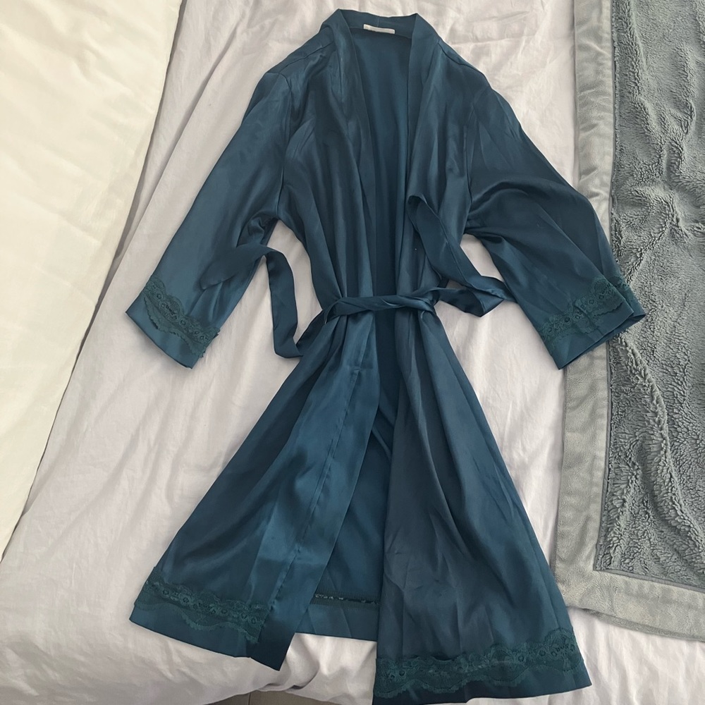 Emerald green satin kimono robe